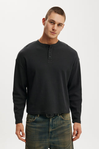 Relaxed Fit Textured Henley Long Sleeve