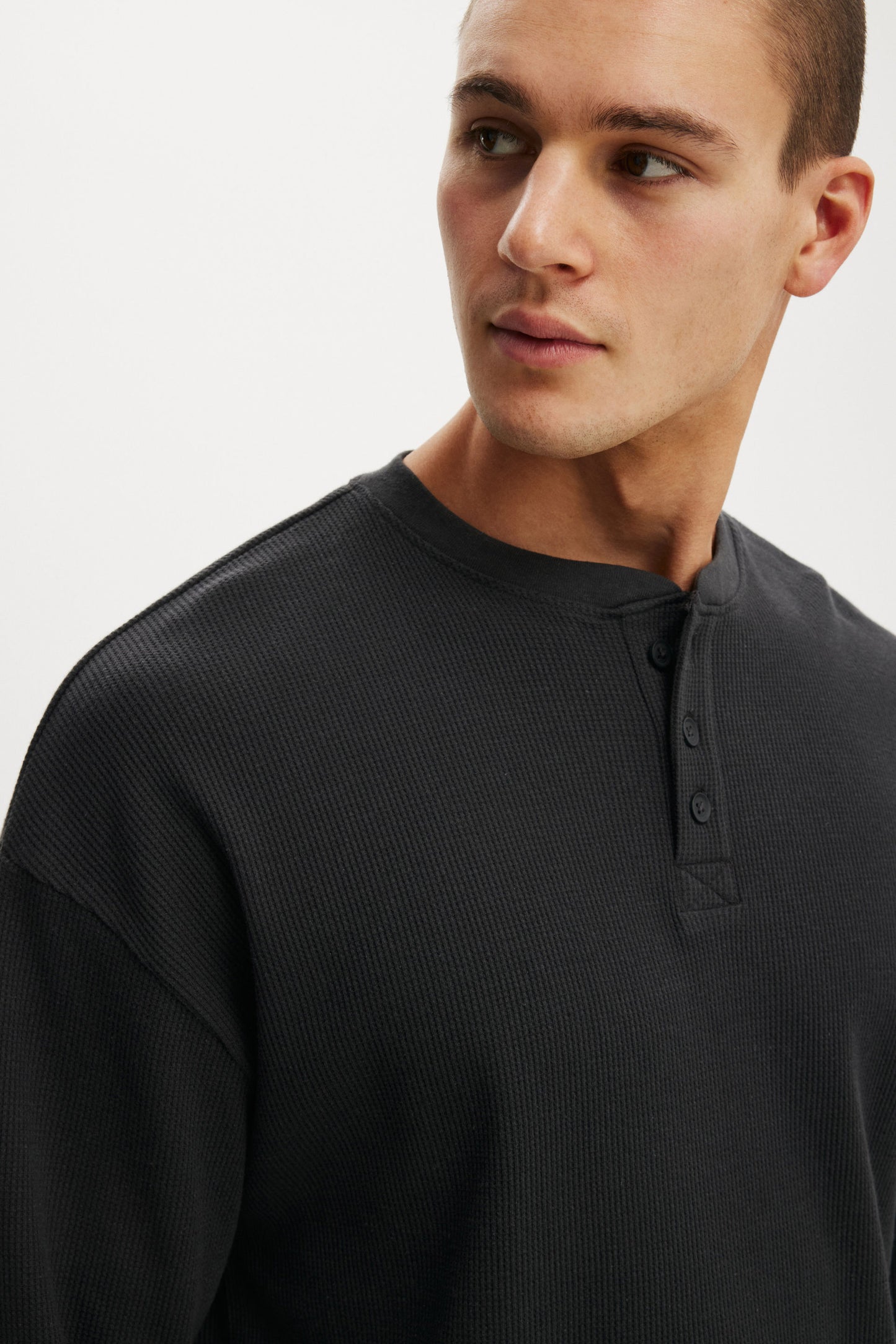 Relaxed Fit Textured Henley Long Sleeve