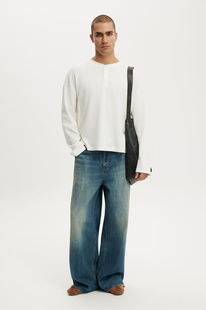 Relaxed Fit Textured Henley Long Sleeve