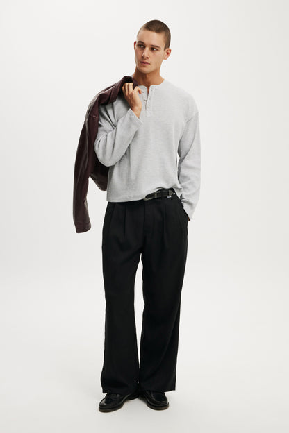 Relaxed Fit Textured Henley Long Sleeve