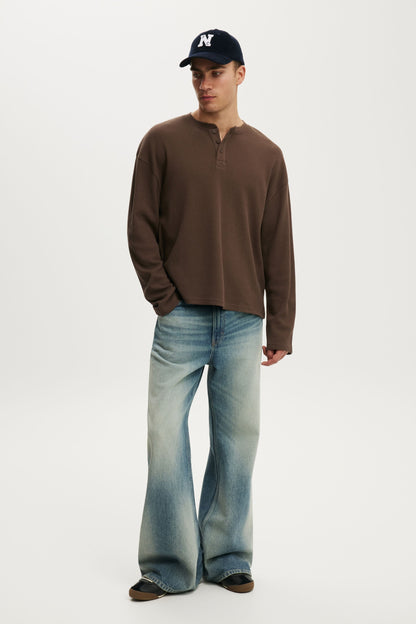 Relaxed Fit Textured Henley Long Sleeve