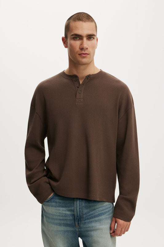 Relaxed Fit Textured Henley Long Sleeve