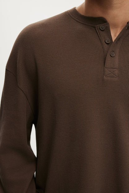 Relaxed Fit Textured Henley Long Sleeve