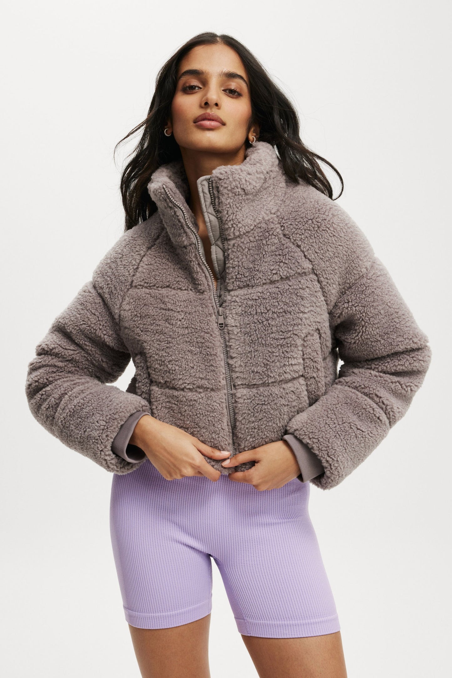 The Mother Puffer Cropped Sherpa Jacket