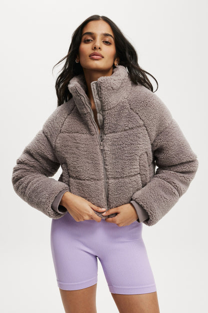 The Mother Puffer Cropped Sherpa Jacket