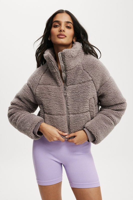 The Mother Puffer Cropped Sherpa Jacket
