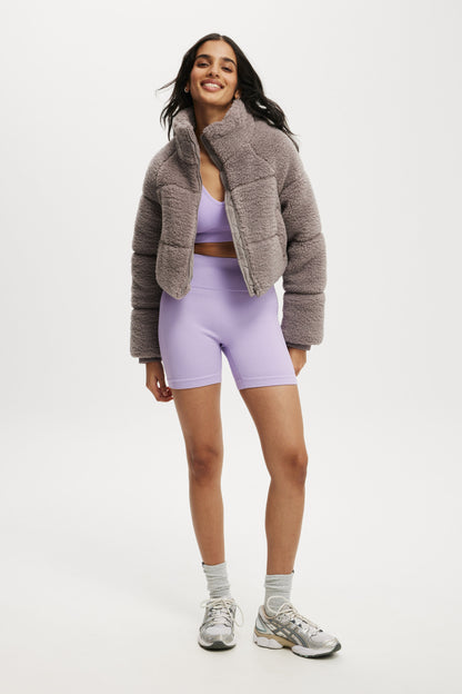 The Mother Puffer Cropped Sherpa Jacket