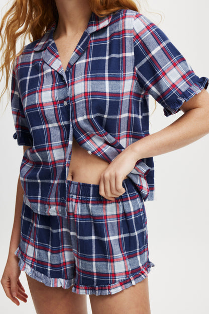 Flannel Short Sleeve Shirt And Short Sleep Set