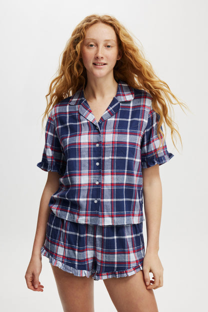 Flannel Short Sleeve Shirt And Short Sleep Set
