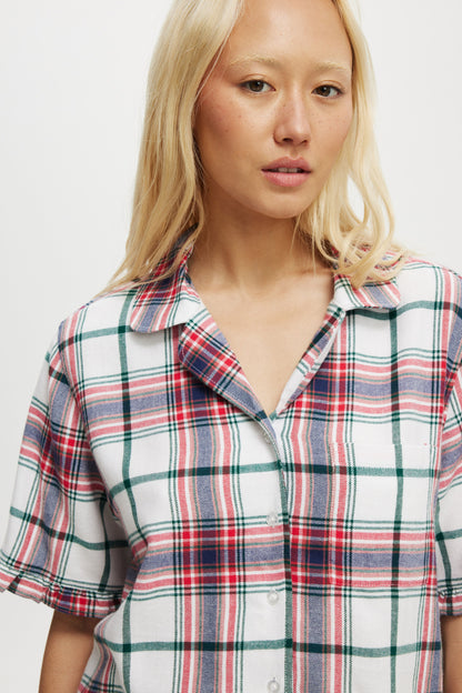 Flannel Short Sleeve Shirt And Short Sleep Set