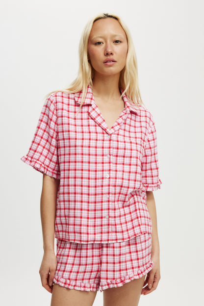 Flannel Short Sleeve Shirt And Short Sleep Set