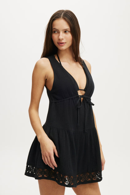 Woven Tie Front Tiered Dress